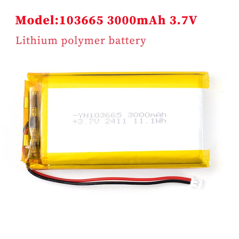 

103665 3.7V 3000mAh Li Po Rechargeable Lithium Polymer Battery PH 2.0mm 2pin Plug for Camera Bluetooth Speaker GPS DVD