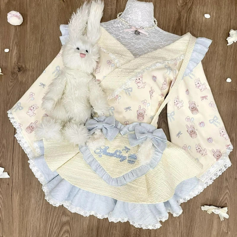 

Японское милое платье-кимоно в стиле Лолиты, комплект женского кавайного кружева в стиле пэчворк с мультяшным принтом и бантом, фартук, платья горничной, готическое вечерние мини-платье Y2k