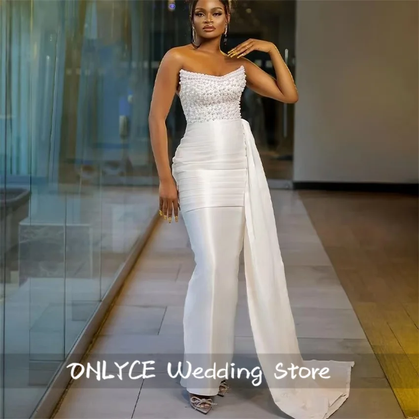 

Romance Satin Sweetheart Mermaid Wedding Dress Luxury Women Mermaid Bride Dresses Bead Pearls Simple Robe De Mariee Customized