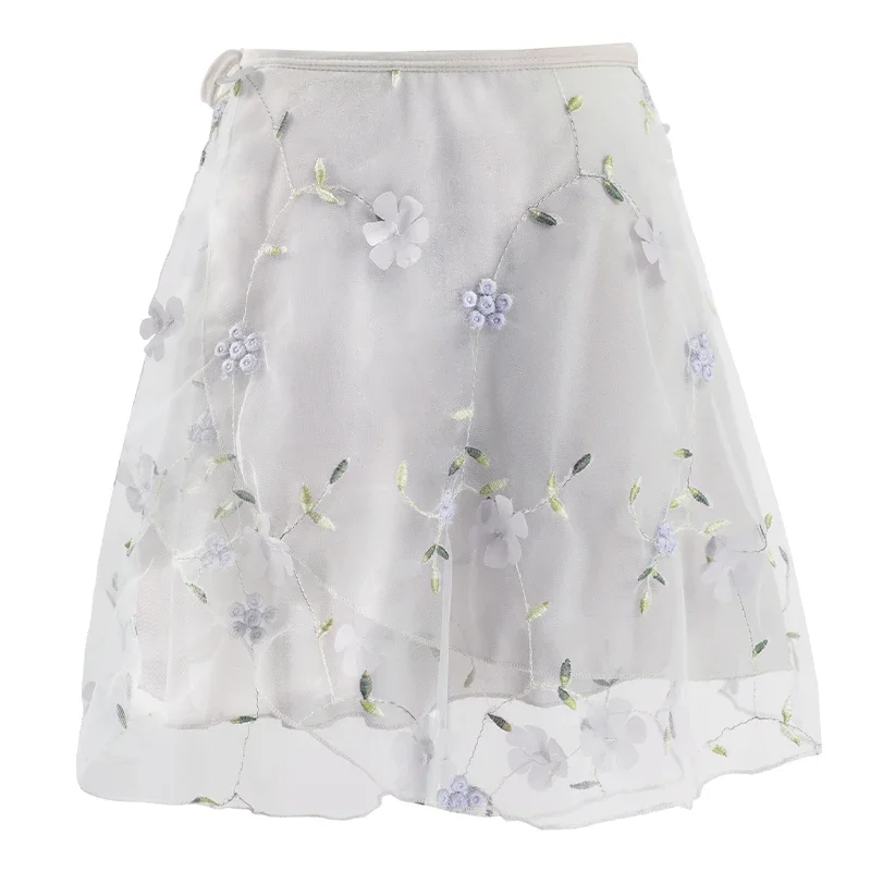 Women Ballet Dance Skirts Flower Embroidery Short Skirts Lace-up Dancing Skirt Adult Girls Dance Performance Dress Skirts
