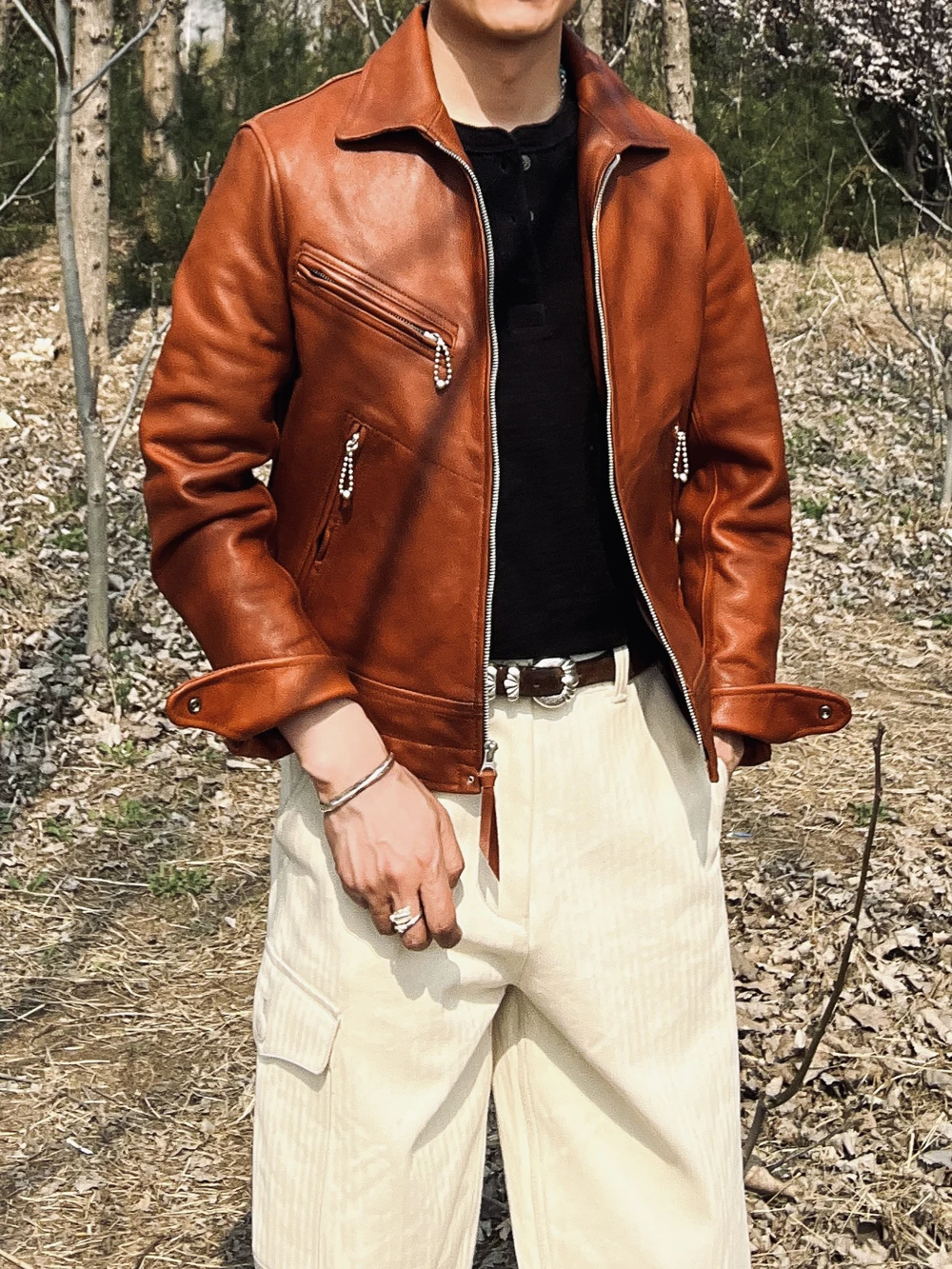 Tailor Brando Italian Tuscan Vegetable Tanned Cowhide Mulholland Road Men's Vintage Motorcycle Cropped Jacket