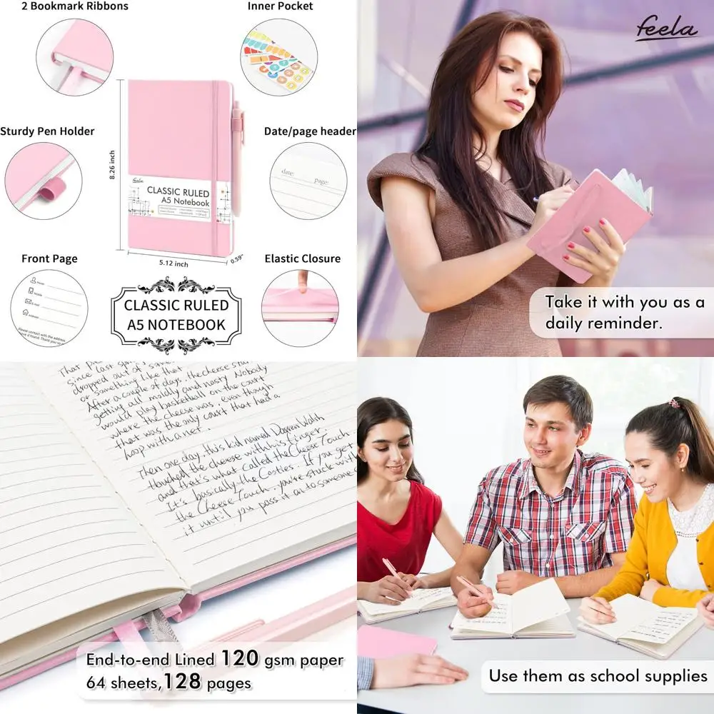 

Bulk A5 Hardcover Ruled Journals with Pen Holder, 12 Black Pens, 120 GSM, 5.1x8.3, Rose Pink, Women Girls School Business Suppli