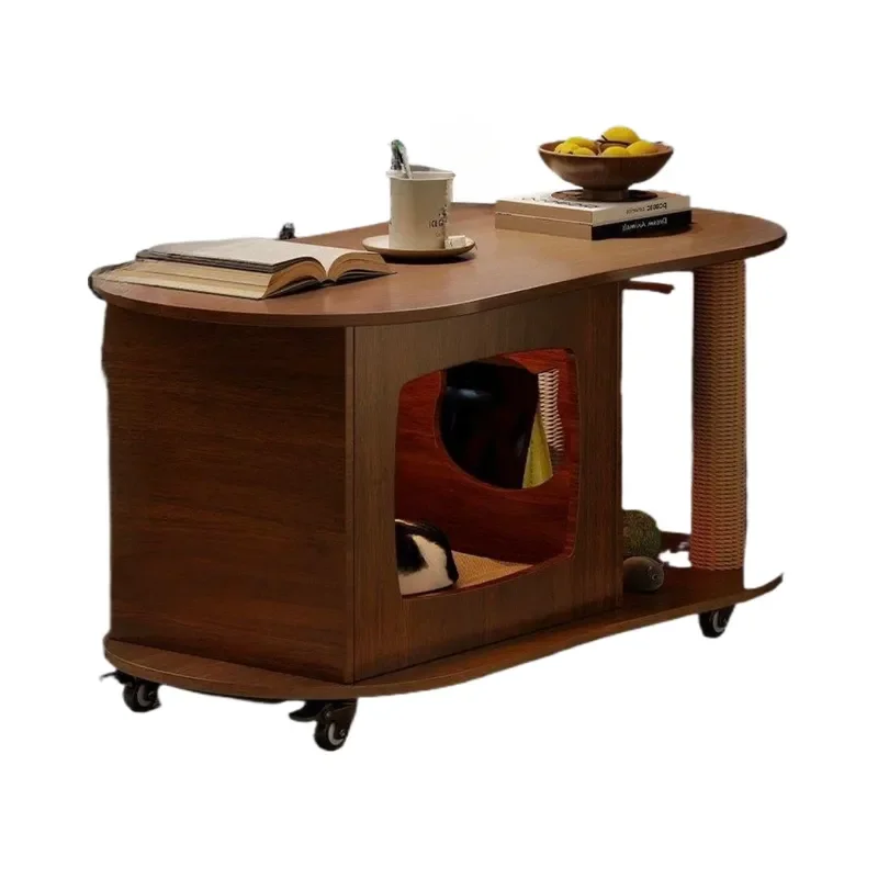 Mid Century Modern Cat Climbing Coffee Table Removable Side Cabinet Small Apartment Multi Functional Pet Friendly Furniture