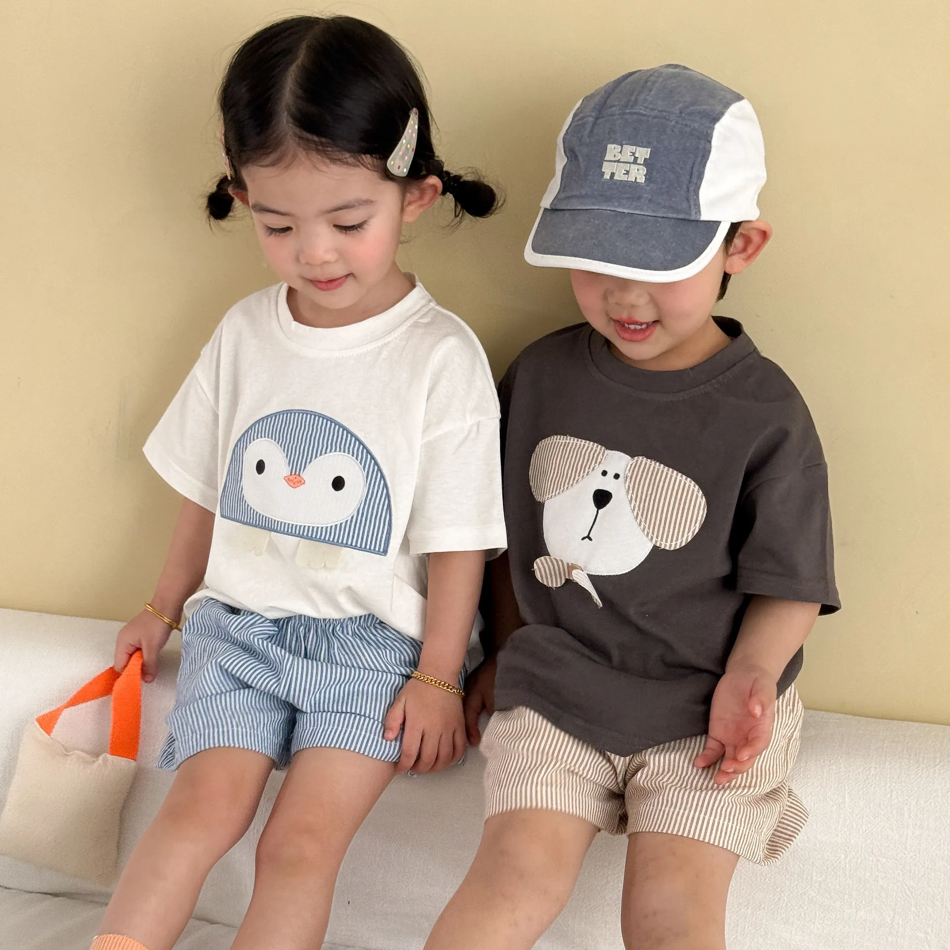 2026 Summer New Children Cartoon Clothes Set Boys Chest Patch T Shirts + Shorts 2pcs Suit Kids Girls Casual Loose Outfits