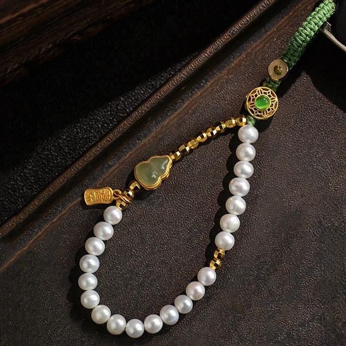 Fashion Creative Handmade KeyChain Shell Pearl Hetian Jade Gourd Key Ring Chinese Style Key Chain Lucky Luck Jewelry Gifts