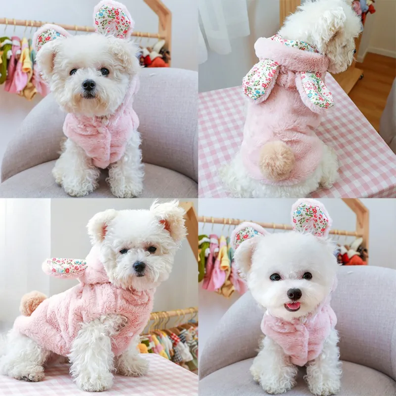 Warm Puppy Winter Sweater Thickened Plush Pet Dog Clothes Cute Bunny Ear Design Hoodies for Small Dogs Cats Home Wear Clothing