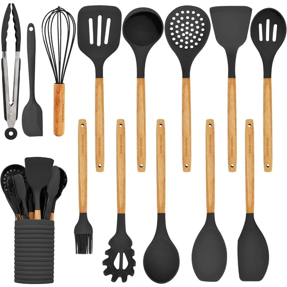

silicone kitchen utensils set with wooden handle - non-stick silicone cooking utensils set - bpa free silicone spatula set - he