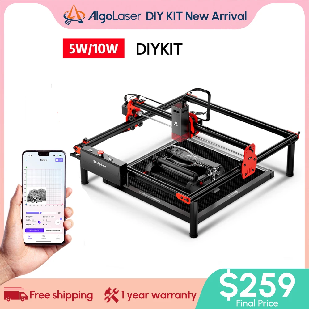 

AlgoLaser 5W 10W Laser Engraver Rotary Roller Raiser Feets with 32-bit Motherboard APP LaserGRBL(LightBurn) 40x40cm Work Area