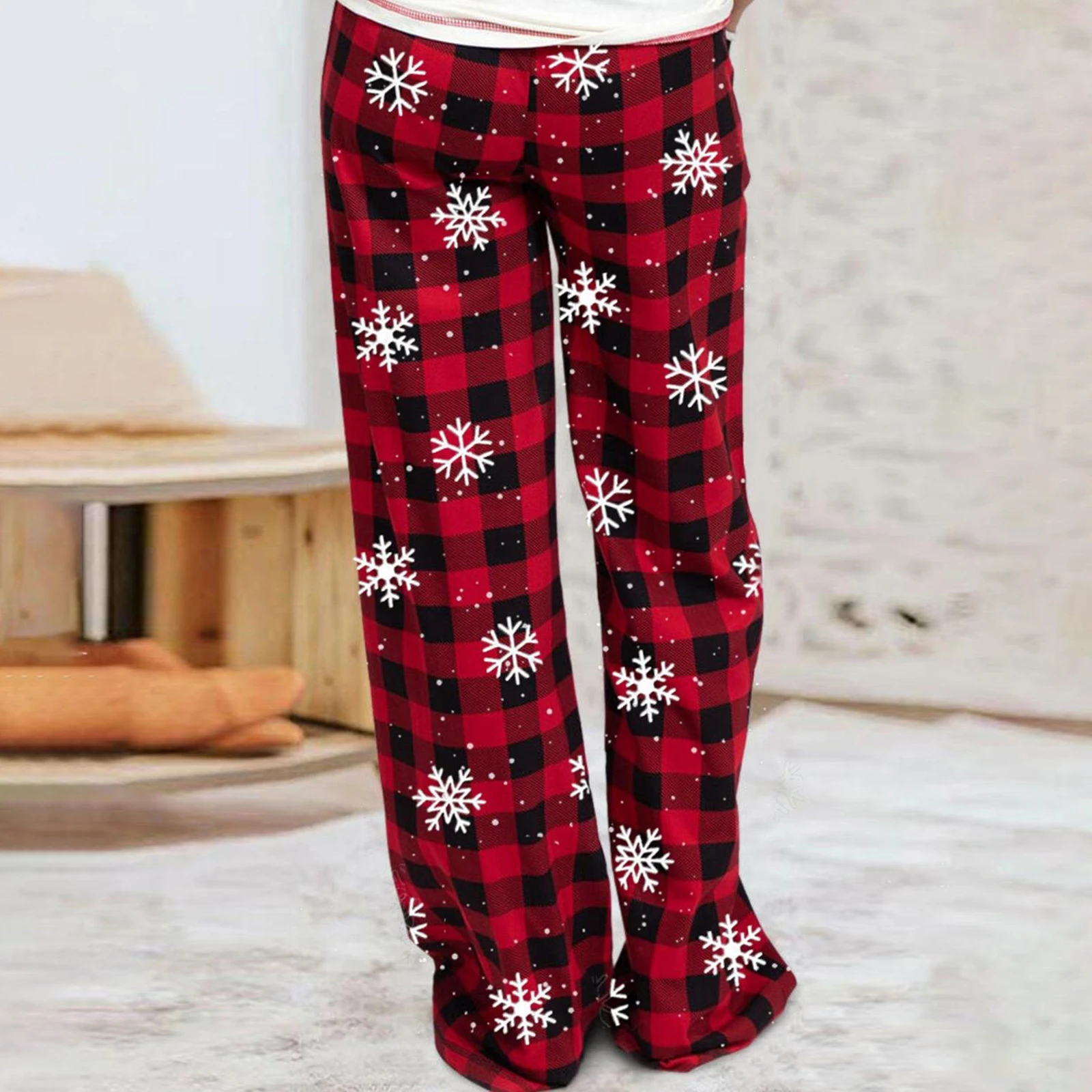 Women Christmas Pajama Pants Plaid Snowflake Print Drawstring Lounge Pants Sleep Pj Bottoms with Pockets Sleepwear