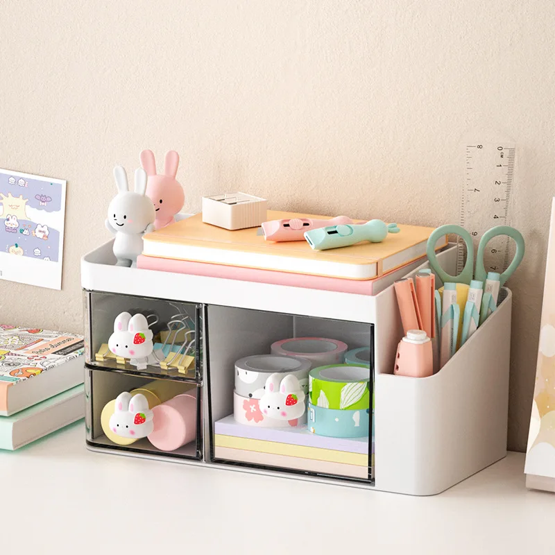 

Desk Organizer with Cute Bunny Details Transparent Drawers and Pen Holder for Stationery Washi Tape and Office Supplies Storage