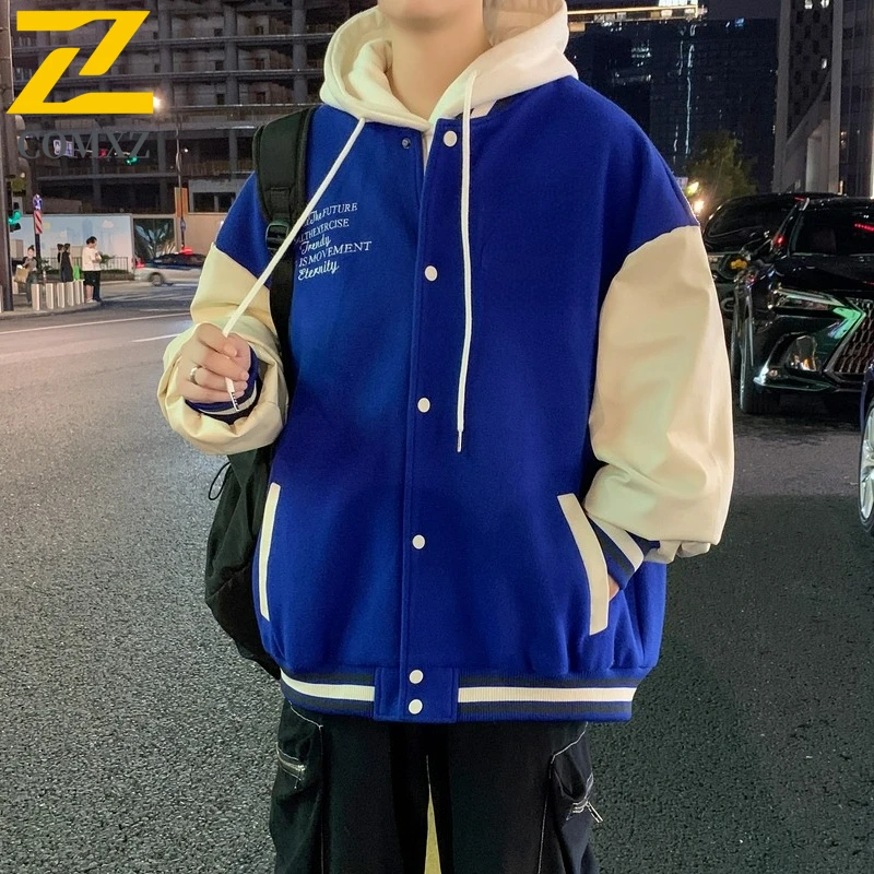COMXZ Autumn Mens Jacket Trendy High Street Baseball Jacket Loose Fit Versatile Coat Minimalist Embroidery Casual Outerwear​