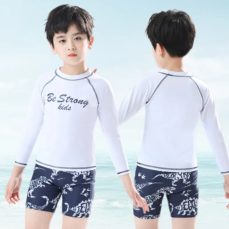 Children's Long Sleeve Split Swimsuit, Boy's Swimwear, Korean Quick-Drying Swimming Suit, Summer Swimming Trunks, White