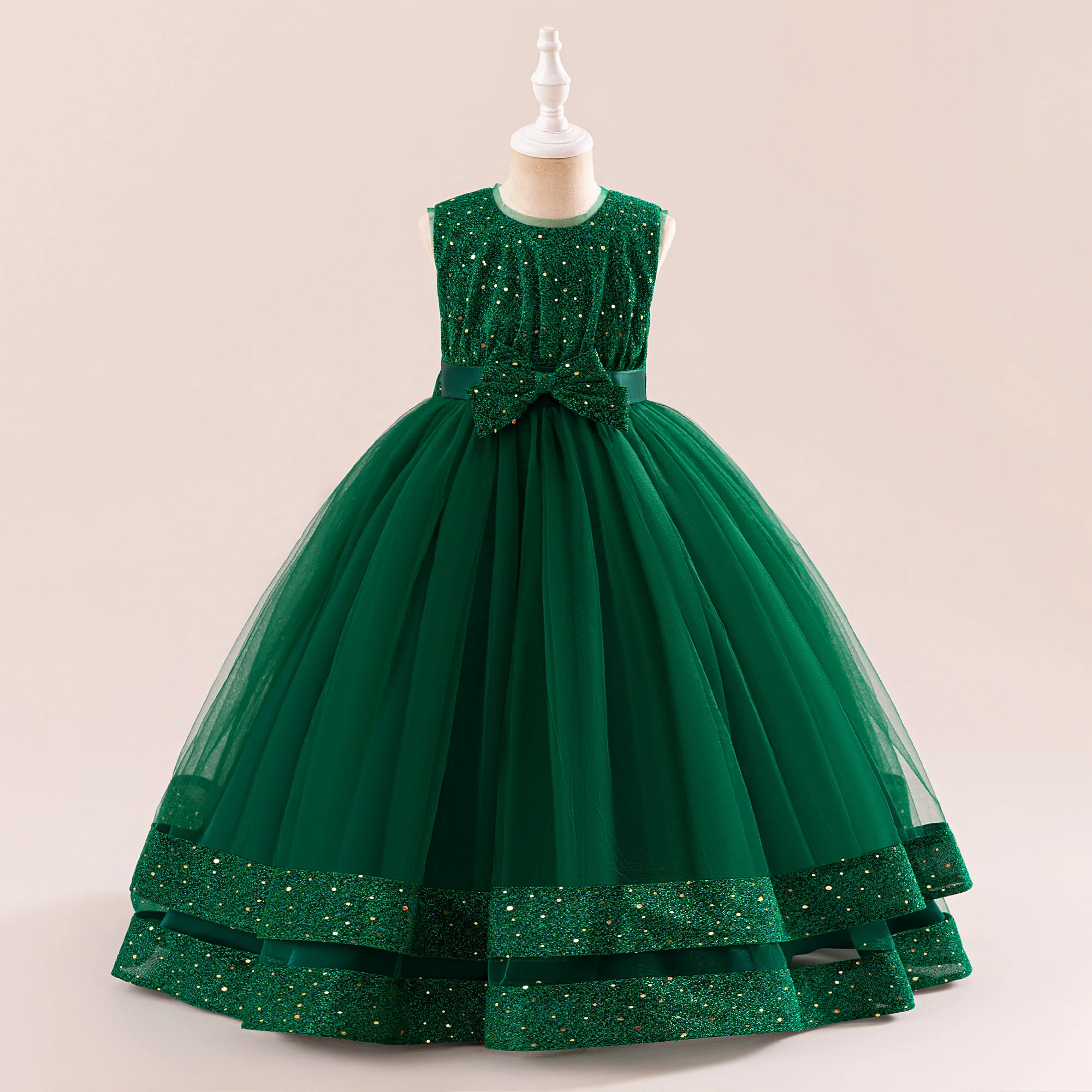 Elegant Girls Christmas Vintage Green Dress Kids Carnival Fluffy Bow Party Dresses Princess Gown For Evening Children Flash Wear