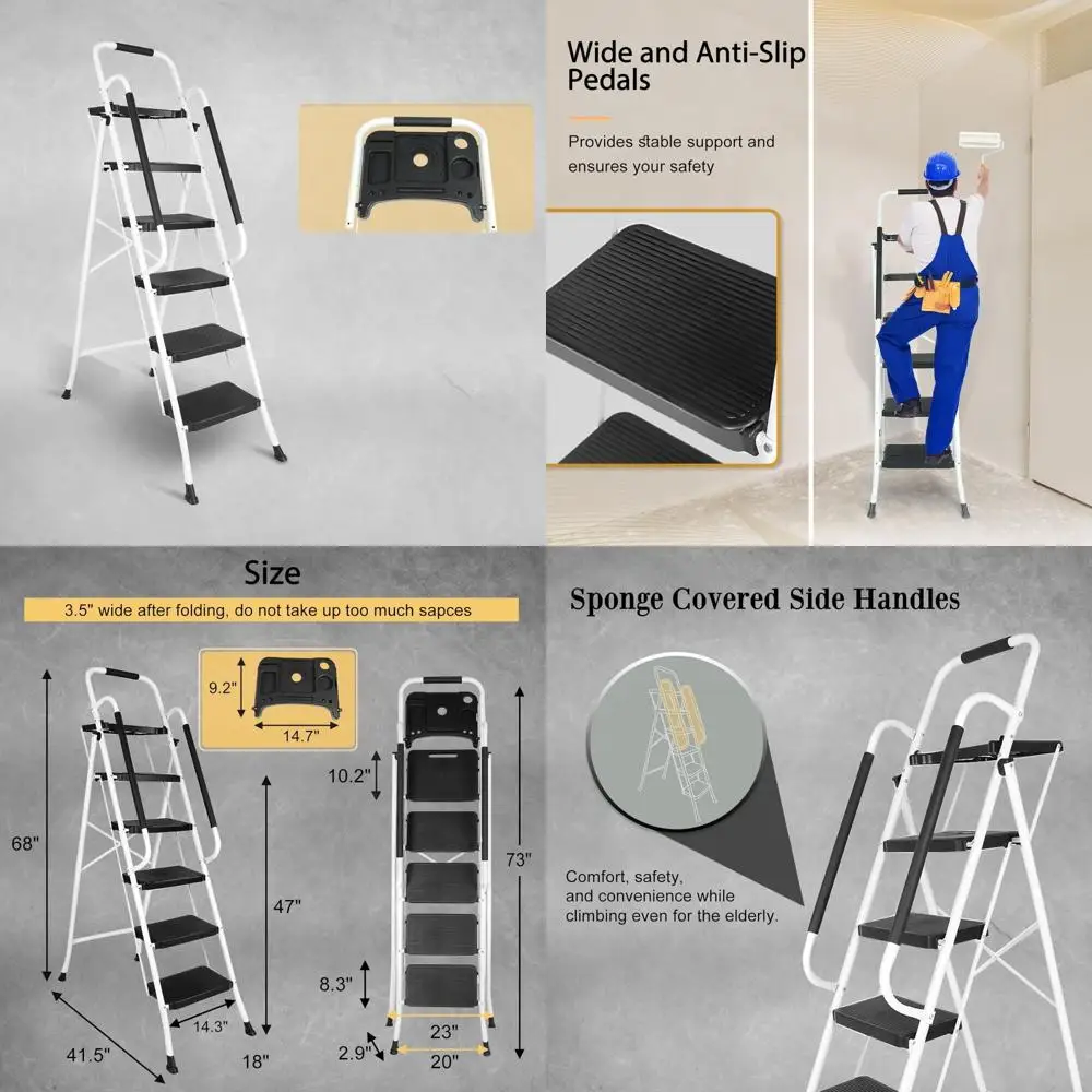 

Portable Folding 5-Step Ladder with Handrails and Tool Tray for Home Use - Heavy Duty 330lbs Capacity
