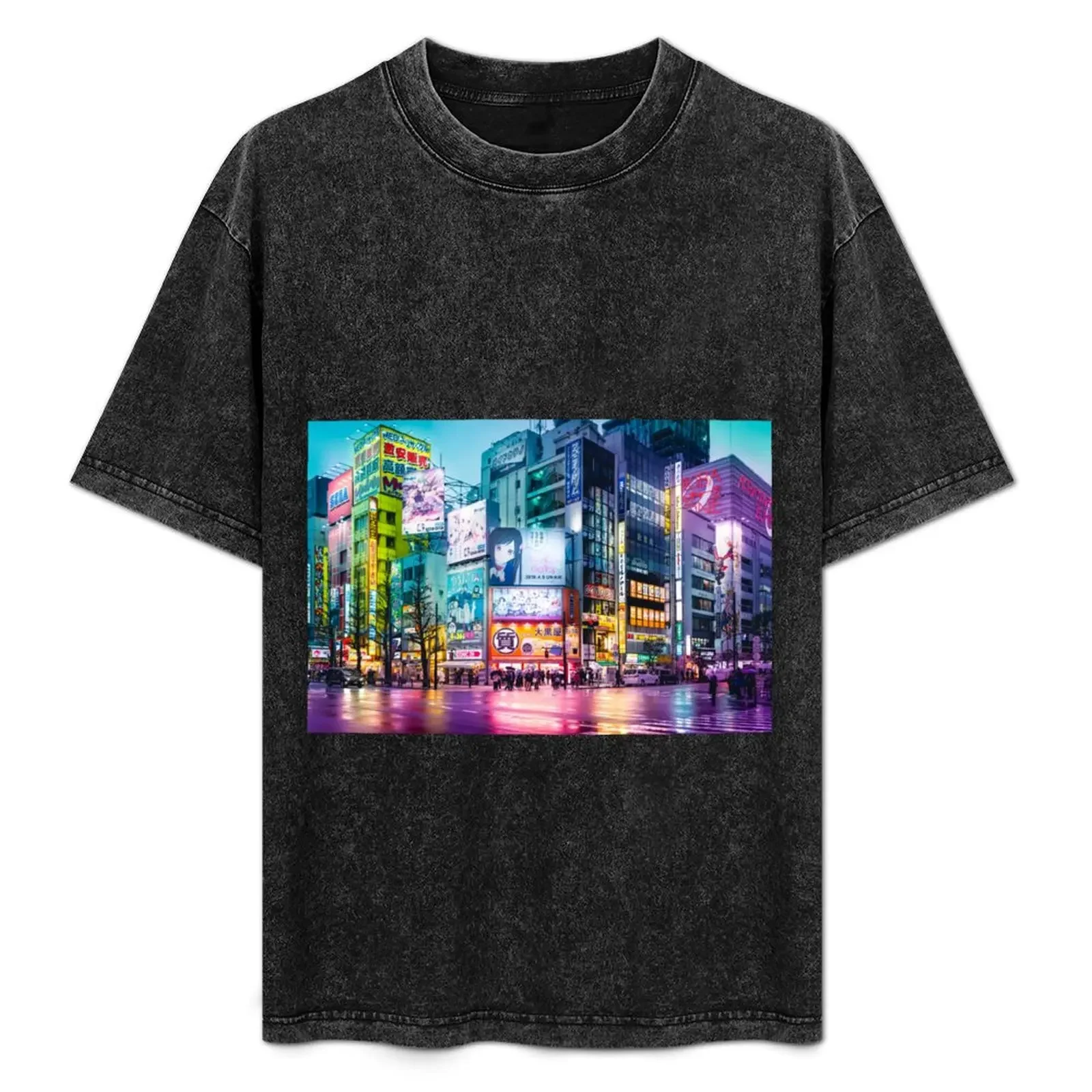 

Anime Akihabara Neon Dream many colourful reflection on the wet streets T-Shirt Big Size Short Sleeve Casual Top
