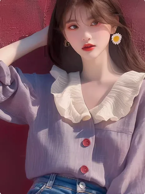 

Фиолетовая женская блузка с воротником-стойкой в корейском стиле, весна-осень, нежная, омолаживающая, уникальная, красивая