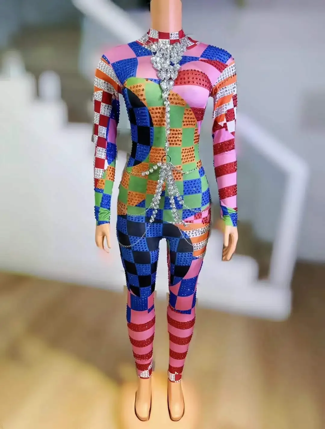 

Rhinestone Colorful Joker Costume Women Stretch Groop Dance Jumpsuits Singer Stage Wear Halloween Night Clubwear DJ DS Gogo
