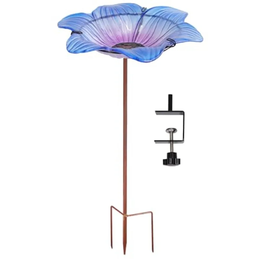 Sunnydaze Glass Bird Bath Bowl - 11.5" Diameter - Includes Deck Clamp and Staked Stand
