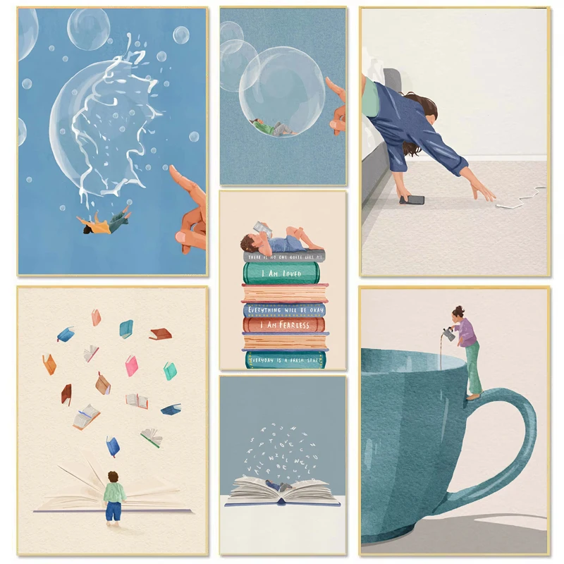 Art Posters Depicting the Simple Lives of Little People Fun, Everyday Life and Reading-Themed Canvas Art Home Living Room Decor