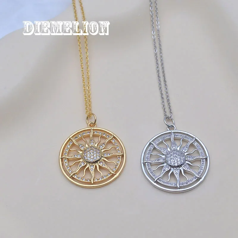 Light Luxury Hollow Out Round Sunflower Necklace for Women Pave Dazzling CZ Big Pendant Necklace Fashion Party Jewelry Gifts