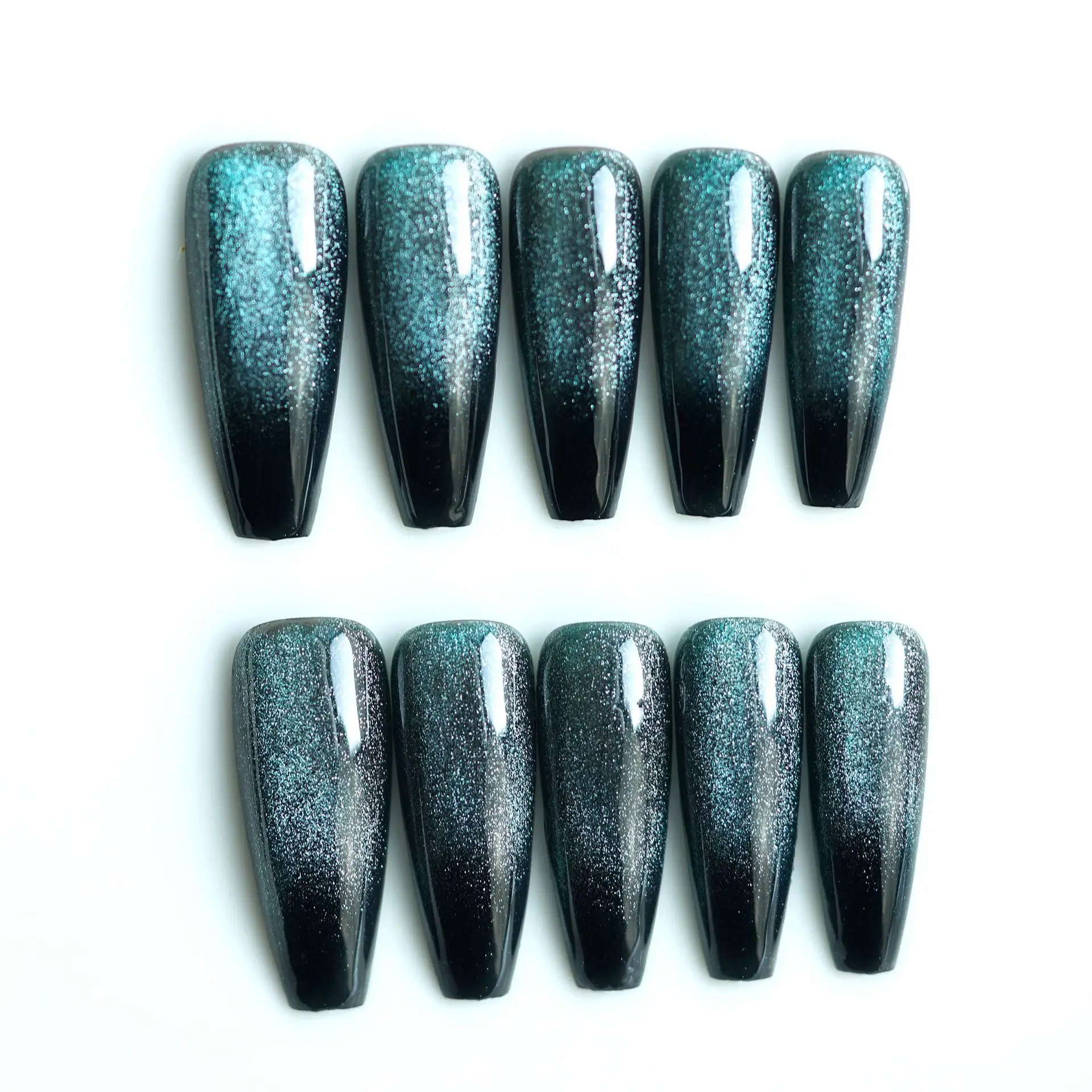 24pcs Wearable Blue Black Gradient Fake Nails Ballet Cat\'s Eye Phototherapy French False Nails Y2k Press On Nails Long Coffin