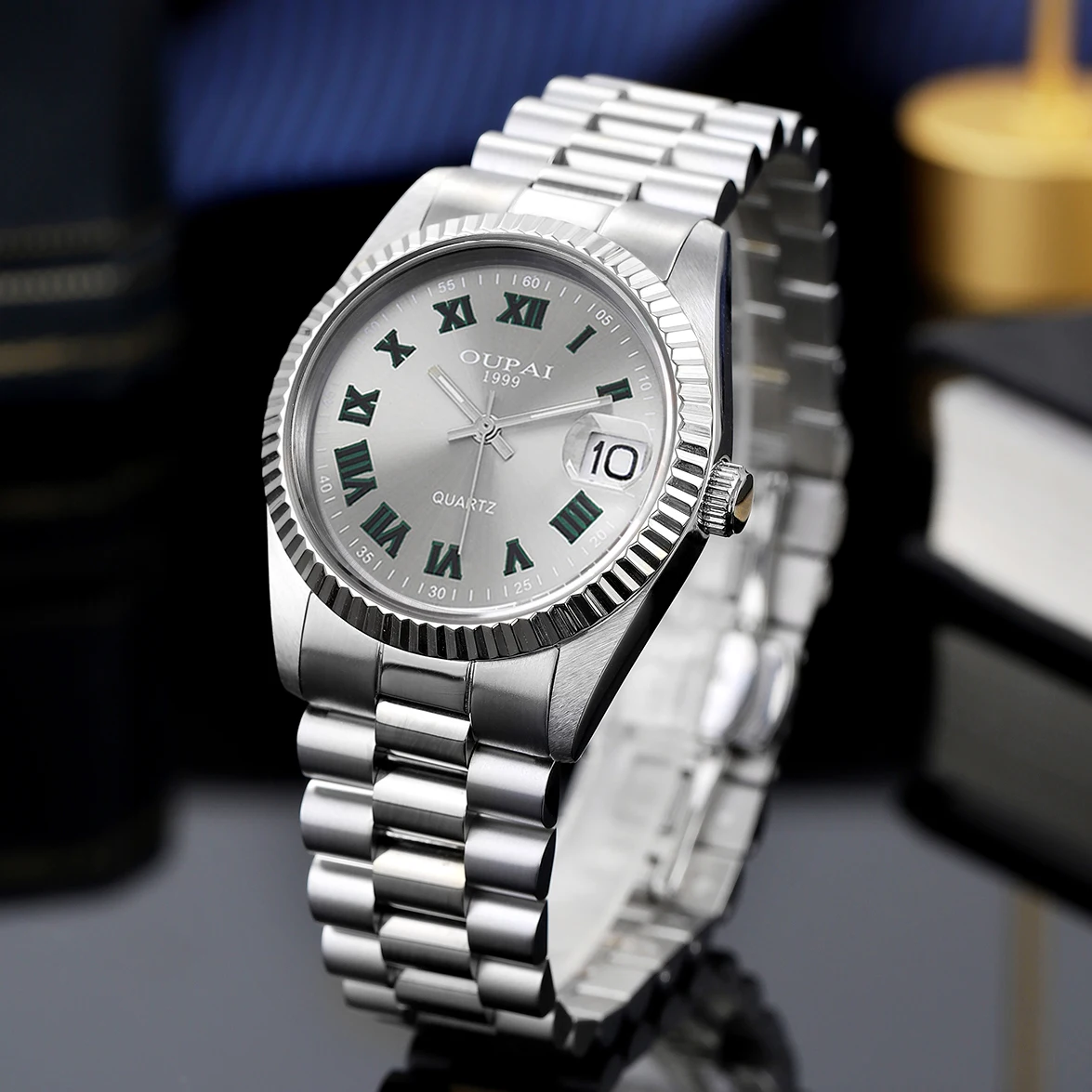 Мужские часы Oupai, круглый циферблат, ремешок из нержавеющей стали, кварцевые светящиеся наручные часы с календарем, водонепроницаемые