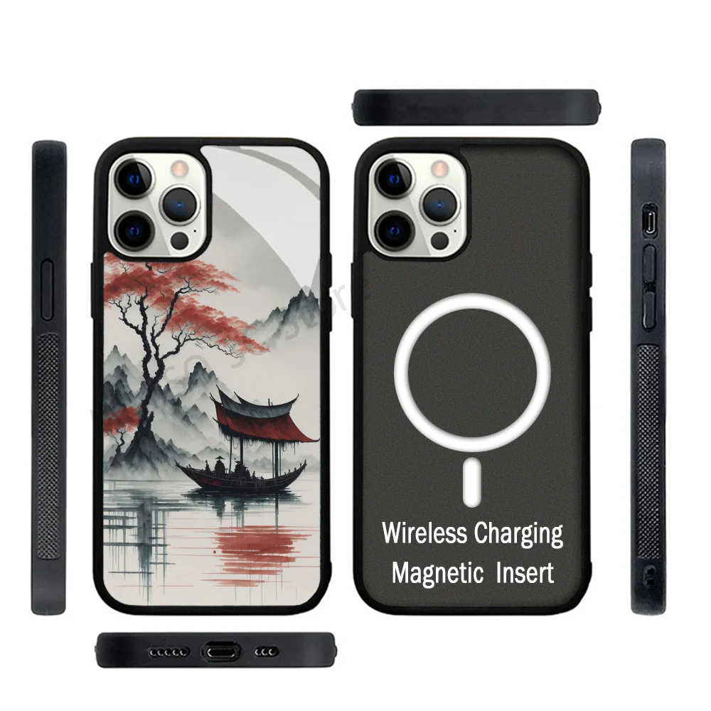 

Riverside Ink Painting Phone Case Strong Magnetic For IPhone 15 14 13 Pro Max 11 12 Mini For Magsafe