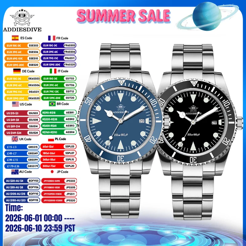 

ADDIESDIVE AD2068 39mm Men Sport Watch Ceramic Bezel BGW9 Blue Luminous 20Bar Diving Date 316L Stainless Steel Quartz Watches