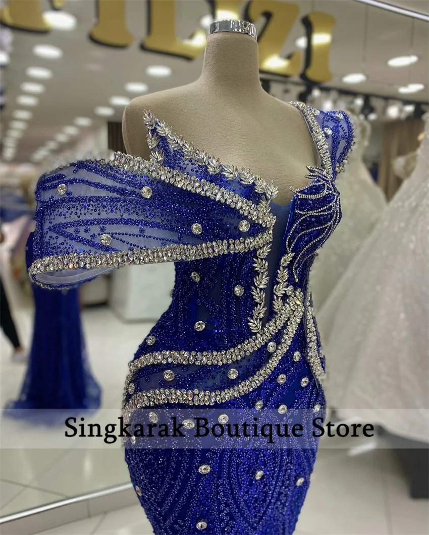 Elegante rei azul vestidos de noite longos cristais strass diamantes tapete vermelho mostrar festa de casamento vestidos de baile personalizado