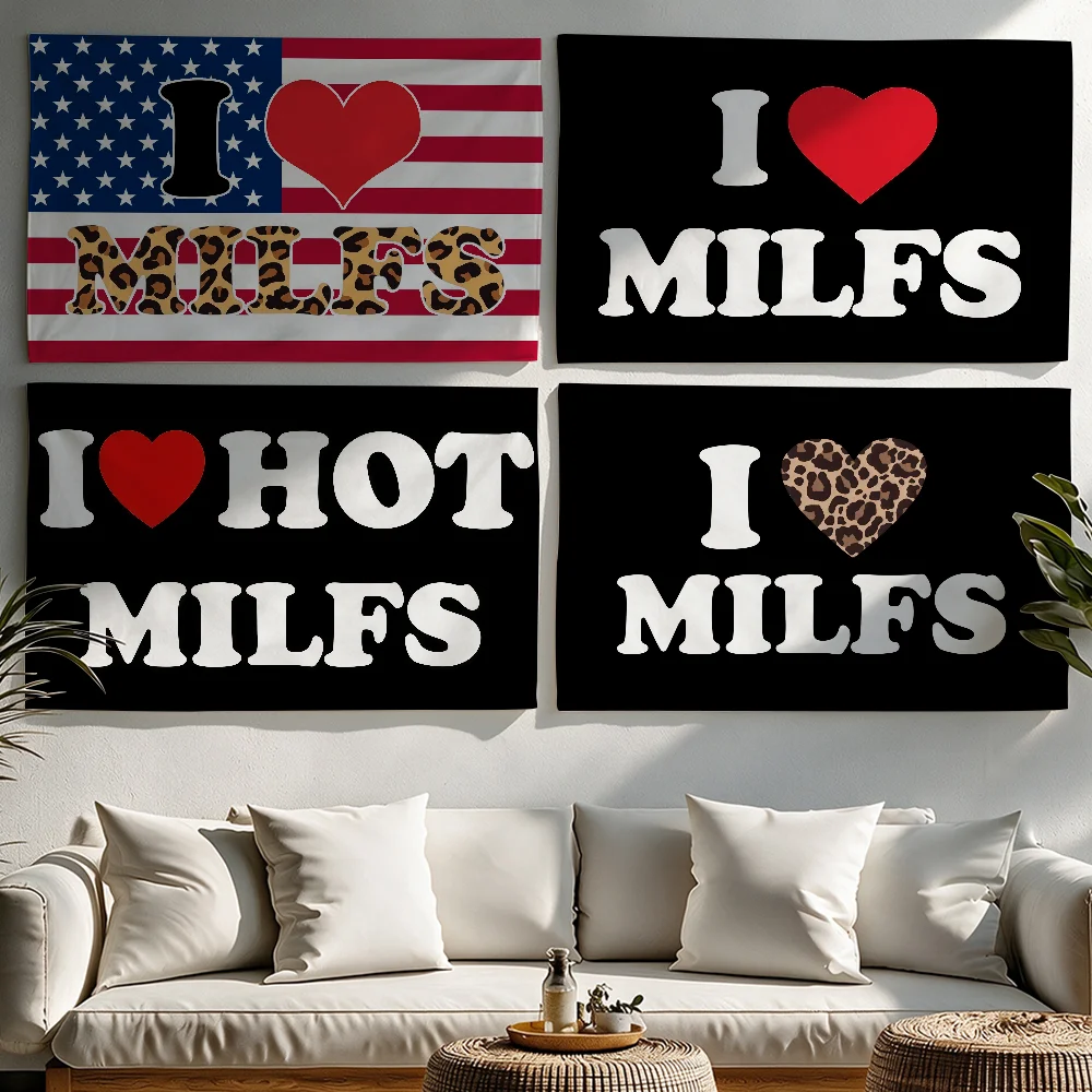 I LOVE MILFS flag Tapestries Outdoor Parties Bedrooms Living Rooms Dorm Rooms Wall Decor Banners Gifts