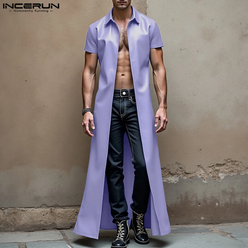 INCERUN メンズロングスタイルトレンチソリッドカラーラペル半袖男性カーディガンストリートウェアPUレザーカジュアル男性ウインドブレーカーコート
