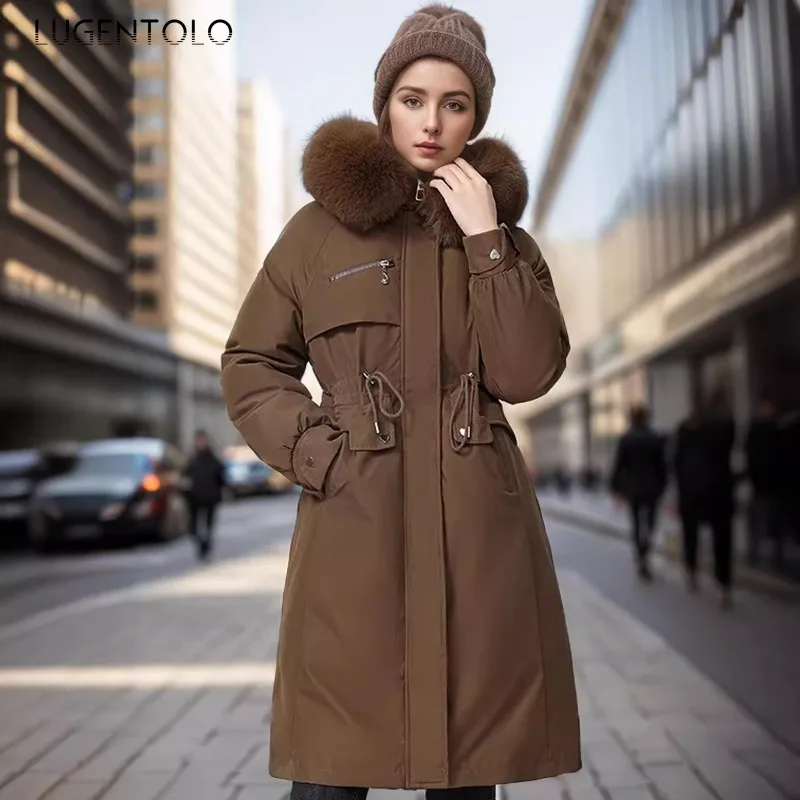 Women Casuals Parkas Thickened Removable Liner Down Cotton Thermal Coat Fake Fur Collar Hooded Drawstring Cinched Waist Jacket