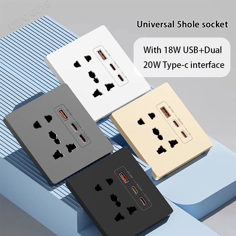 86 Type Wall Embedded USB 1A2C Multi-Function Type-c 20W Fast Charging 5pin Two or Three Plug Panel British UK Universal Socket