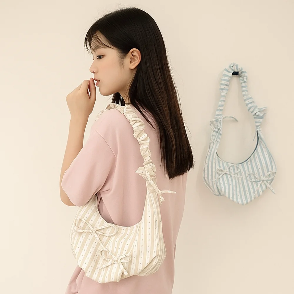 

Sweet Cloth Dumpling Bag Stripe Fresh Color Bowknot Tote Bag Pastoral Style Underarm Bag Pleated Shoulder Bag Students