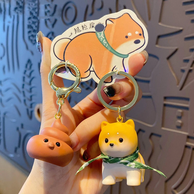 Creative Couple Buckle Strap Scarf Shiba Inu Doll Key Chain Cute Funny Dog With Dog Shit Fortune Keychain Gift for Men Women Bag