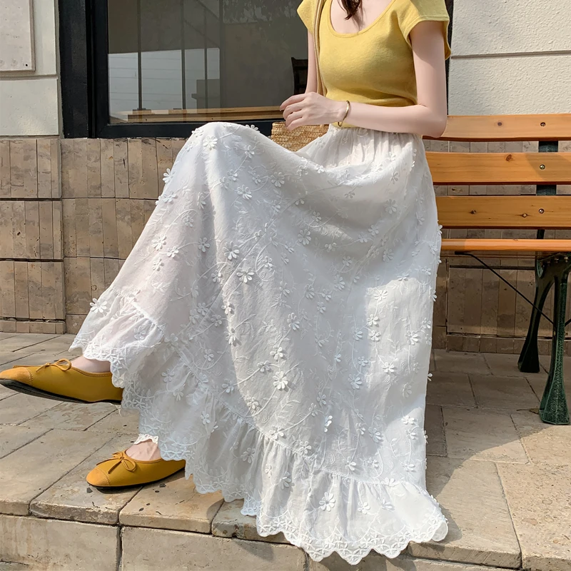 Elegant White Lace Trim Half Skirt Women's High Waist Loose A-Line Umbrella Skirt Heavy Embroidery Floral Design Polyester Fiber