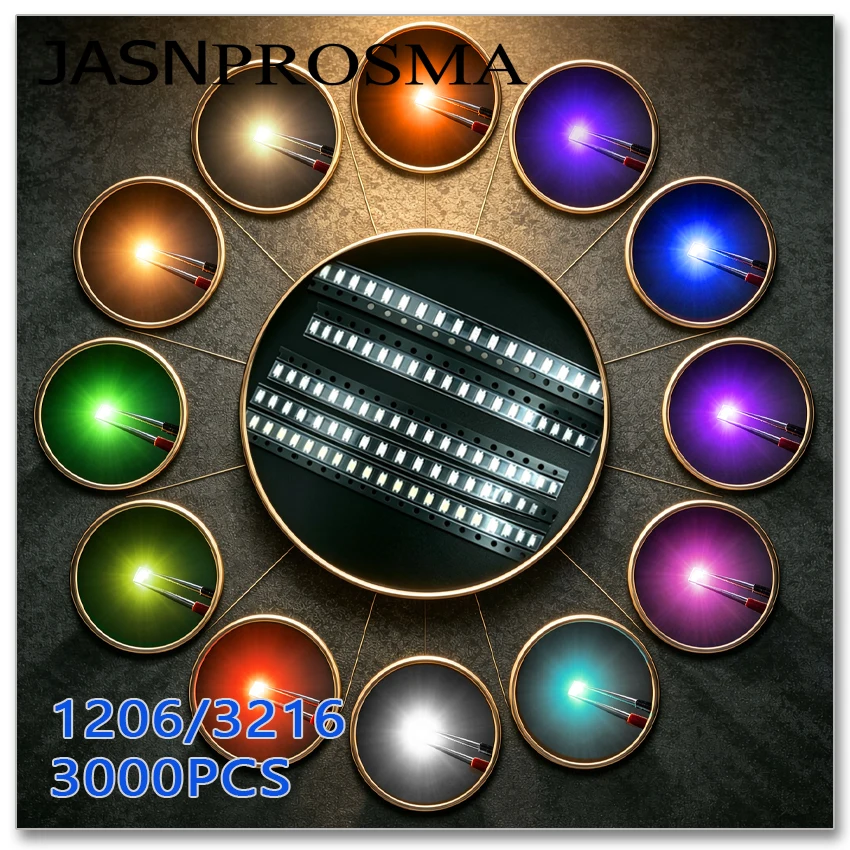 JASNPROSMA 1206 3216 SMD LED 3000PCS Red Orange Yellow Green Jade green ice Blue White Warm white Pink Purple light High quality
