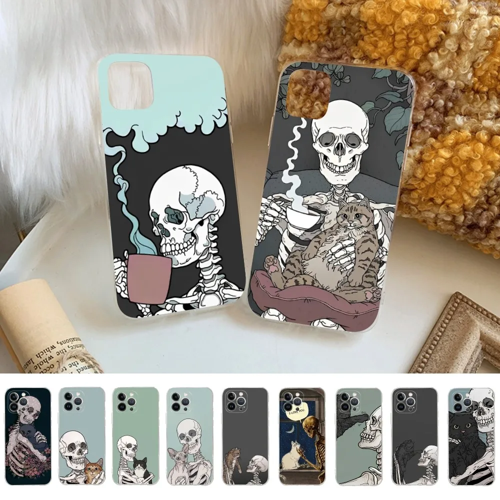 Skeleton and cat Phone Case For iPhone 15 14 13 12 Mini 11 Pro XS Max X XR SE 6 7 8 Plus Soft Silicone Cover