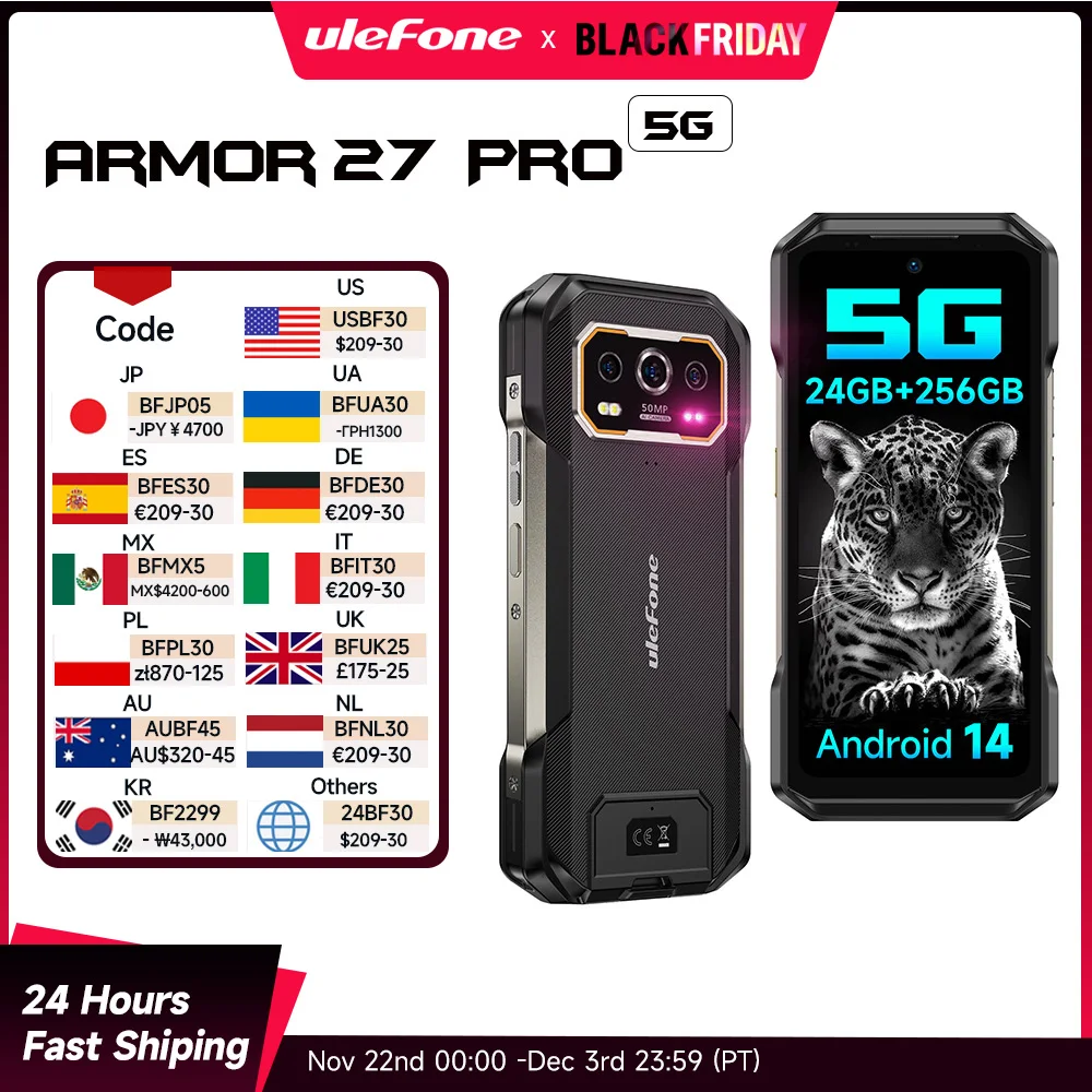 【العرض الأول عالميًا】هاتف Ulefone Armor 27 Pro 5G الذكي 10600 مللي أمبير في الساعة وكاميرا 50 ميجابكسل + 50 ميجابكسل وكاميرا ليلية بدقة 64 ميجابكسل ونظام تشغيل Android 14 وذاكرة وصول عشوائي تصل إلى 24 جيجابايت + 256 جي