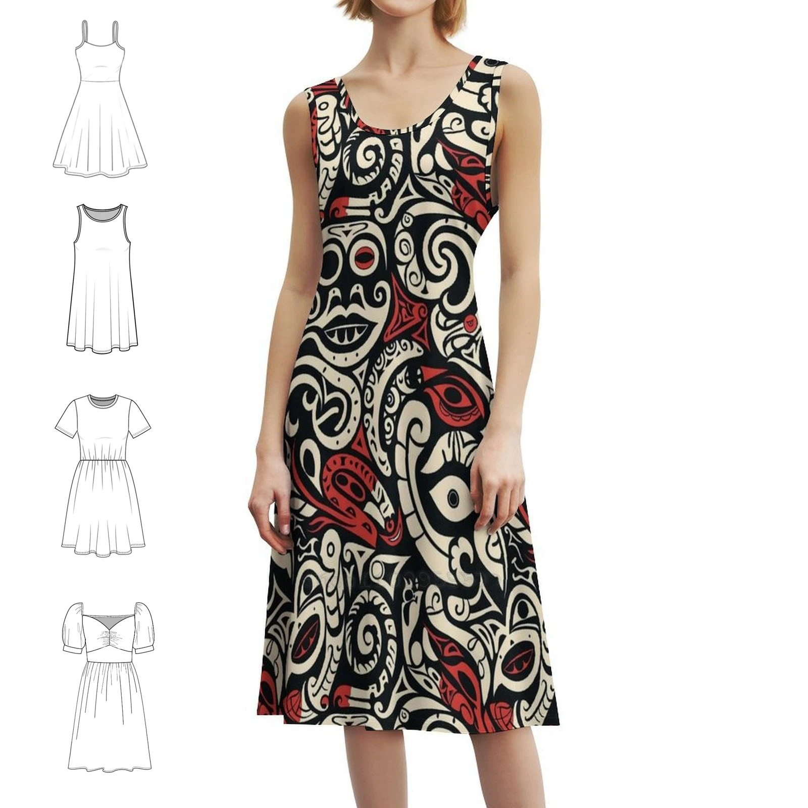 الملونة الكرتون نمط الماوري الوشم الكورية نمط فستان كاجوال للنساء بسيط اليومية مكتب سيدة فساتين القبلية الوشم #1