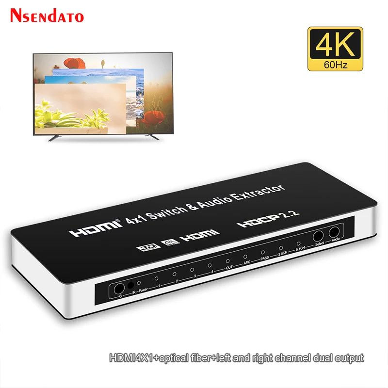 4X1 HDMI Switcher with Audio Extractor with R/L Audio Selector 4 in 1 out 4K 60Hz HDMI Switch ARC Audio Extractor with IR Remote