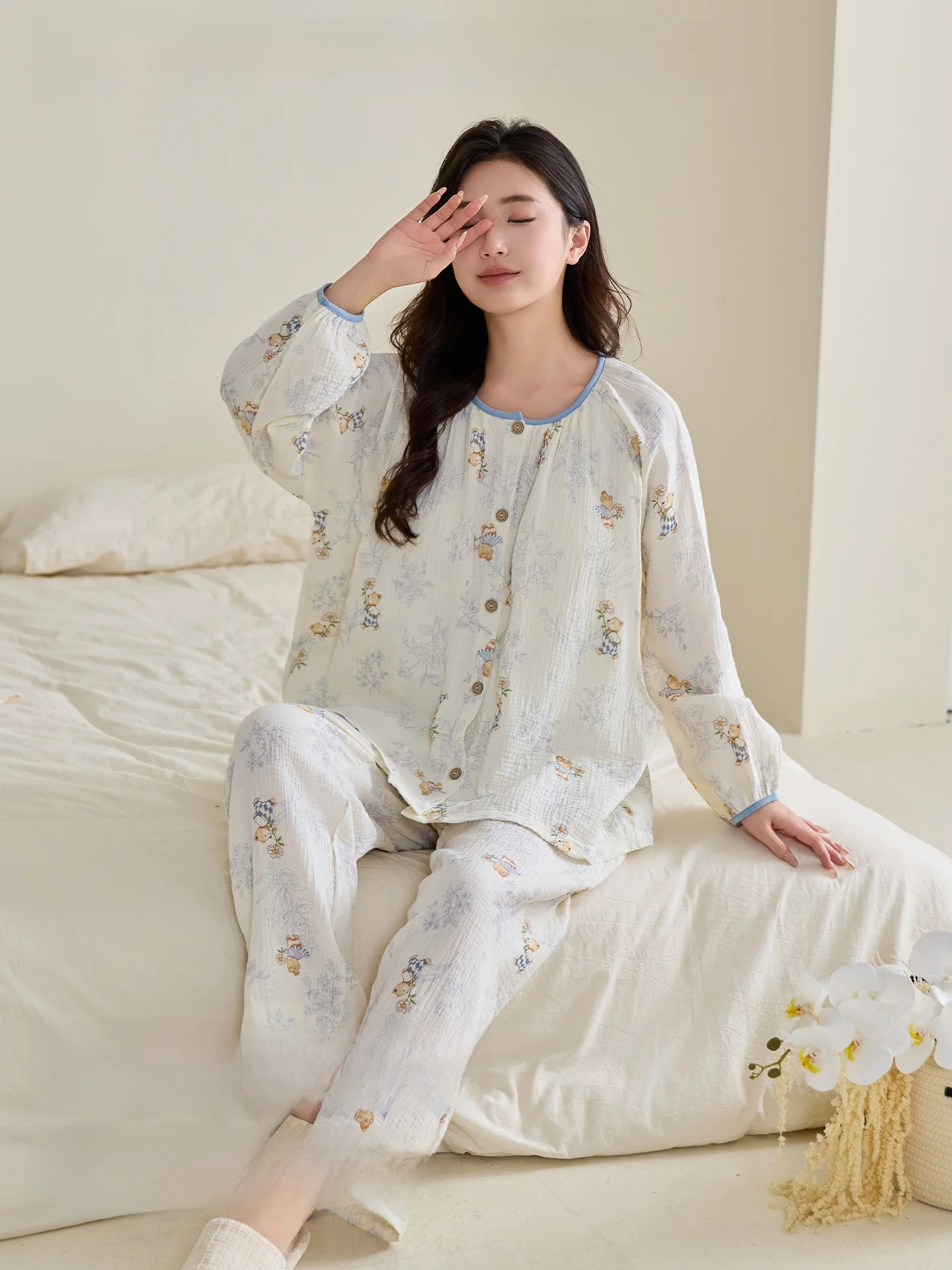 pure-cotton-maternity-nightgown-thin-home-clothes-set-for-pregnant-women-nursing-with-chest-pad-sweat-absorbent-cotton-yarn