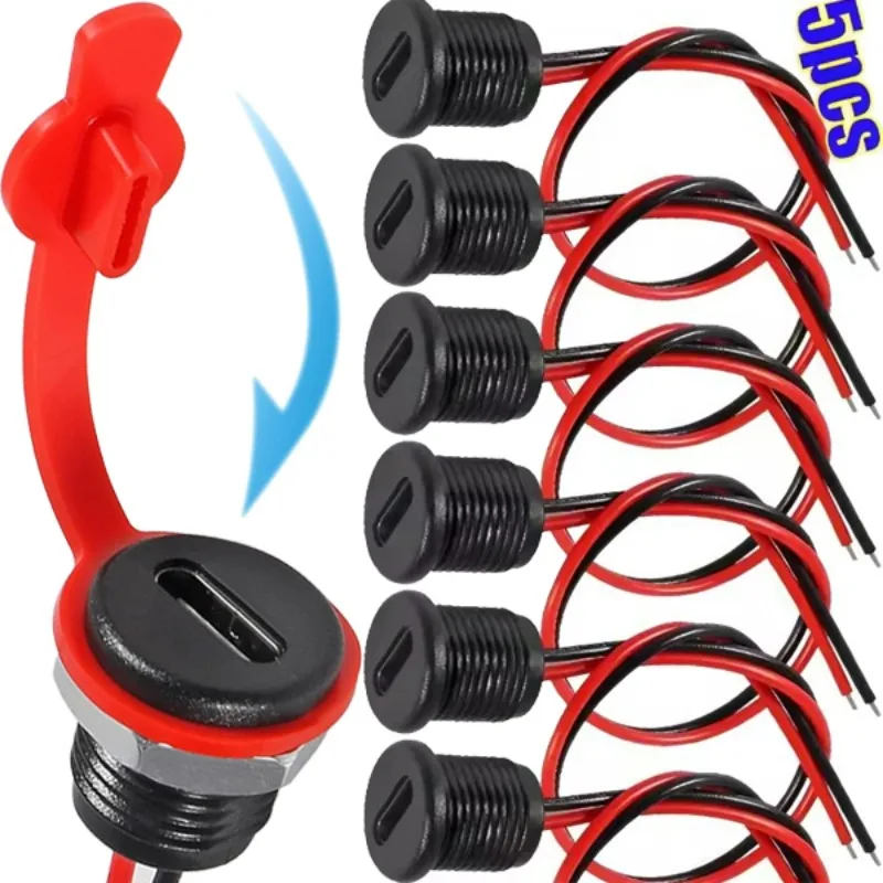 

5/1pcs Type-C Female Chassis 2 Pin Type-C Female Socket USB Connector Waterproof Jack Female Charging Port with Card Buckle