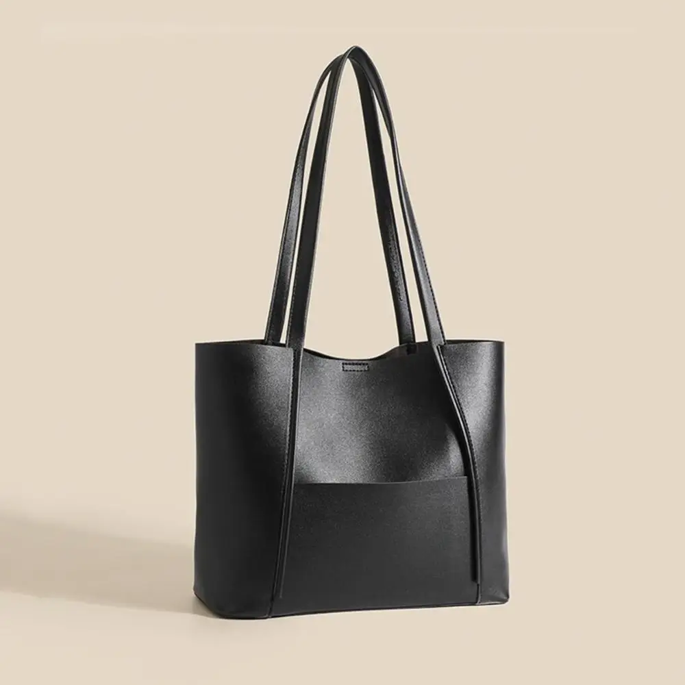 

New Large Capacity Tote Bag PU Leather With Front Pocket Simple Shoulder Bag Solid Color Computer Tote Bag Women