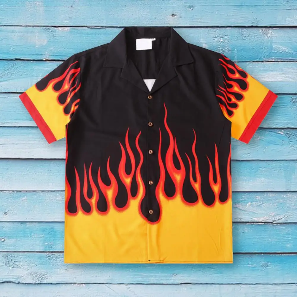 Summer Tops Young Style Men Shirt Short Sleeves Single-breasted  Trendy Fire Pattern Color Matching Men Tops