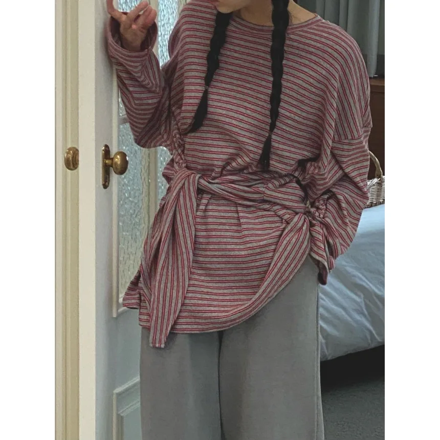 تي شيرت نسائي فضفاض مخطط الخصر ذو ملابس كاجوال كورية لجميع المواسم متوفرة بخيارات المقاسات #3