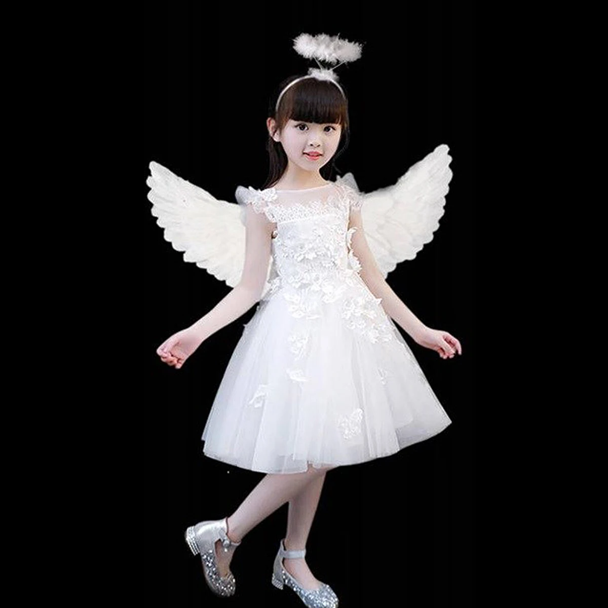 

4pcs Angel Costume Set Wing Tutu Skirt Fairy Wand For Girls Party Banquet Performance Dance Kids Holiday Dress Up