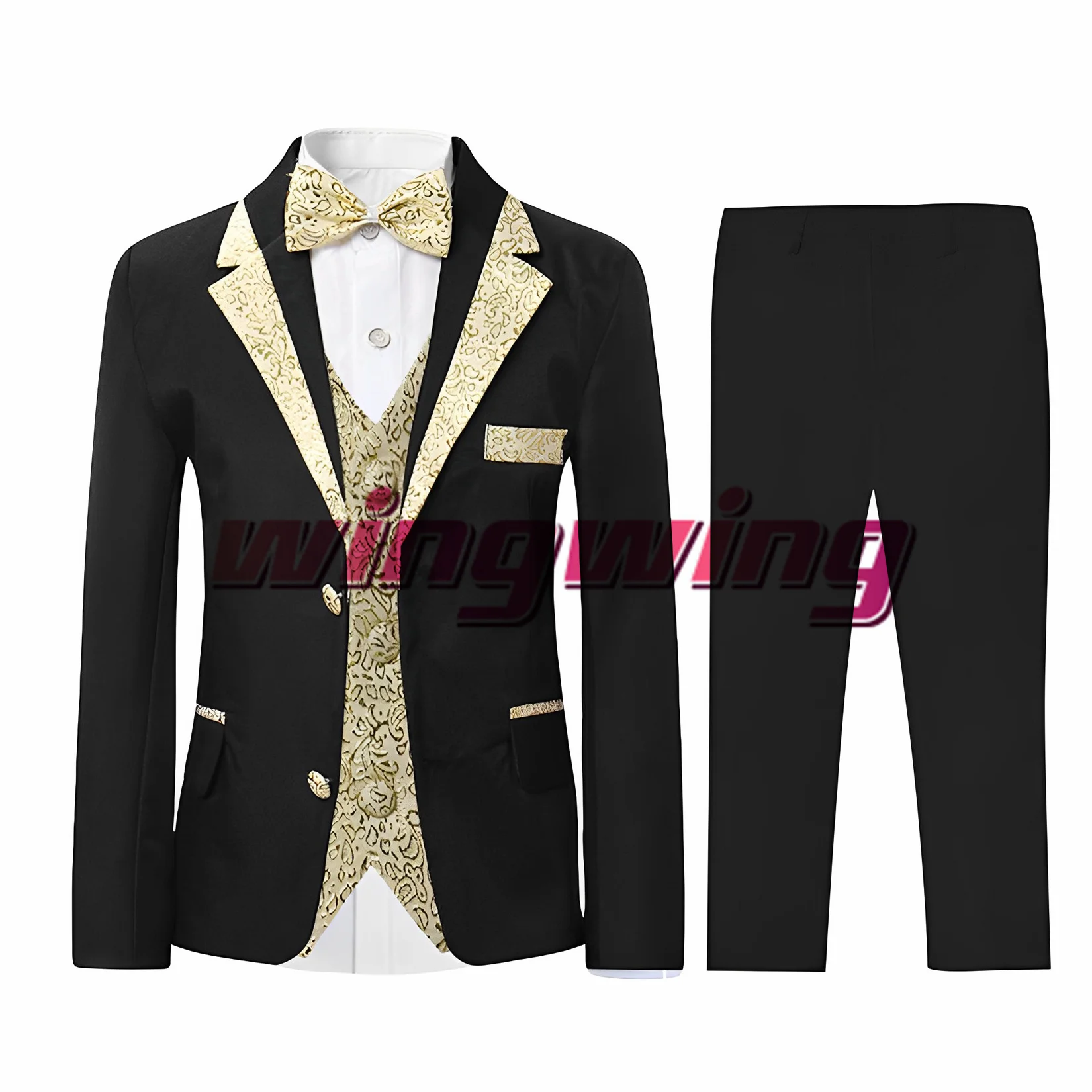 Wedding Kids Suit Three Piece Jacket Pant Vest Bow Tie Boys Party Blazer Gold Floral Pattern Fashion Festival Clothes