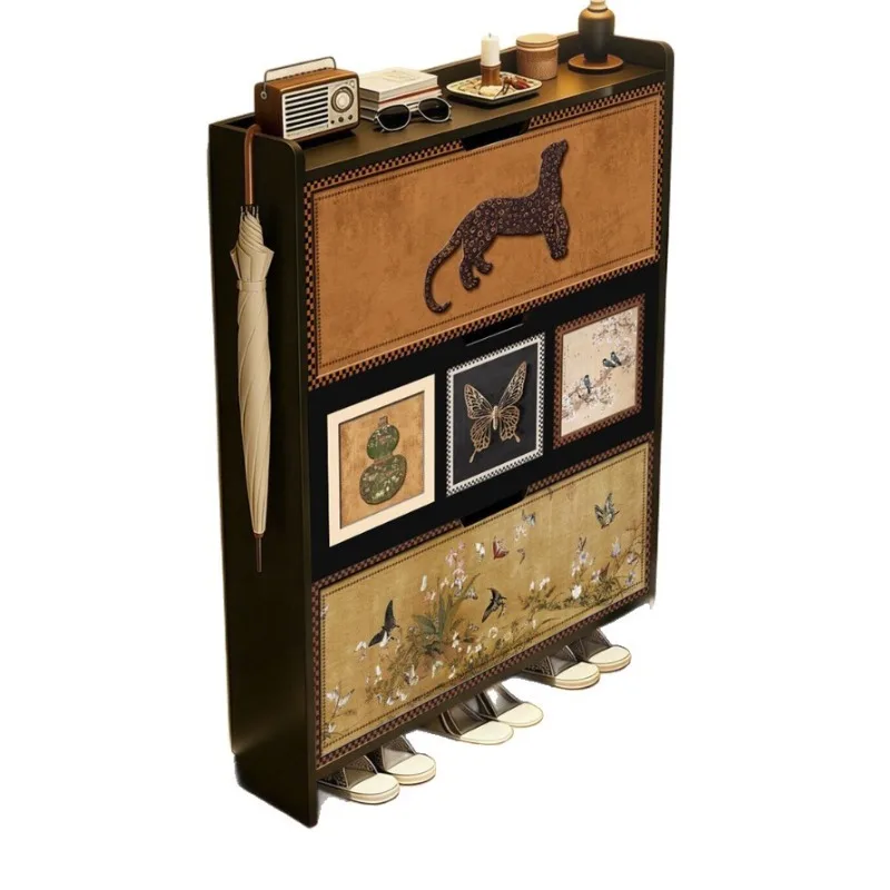

Ultra-Narrow Ultra-Thin Steel Shoe Cabinet Storage Unit Wall-Mounted Vintage Style Slim Cabinet for Home Entryway Hallway