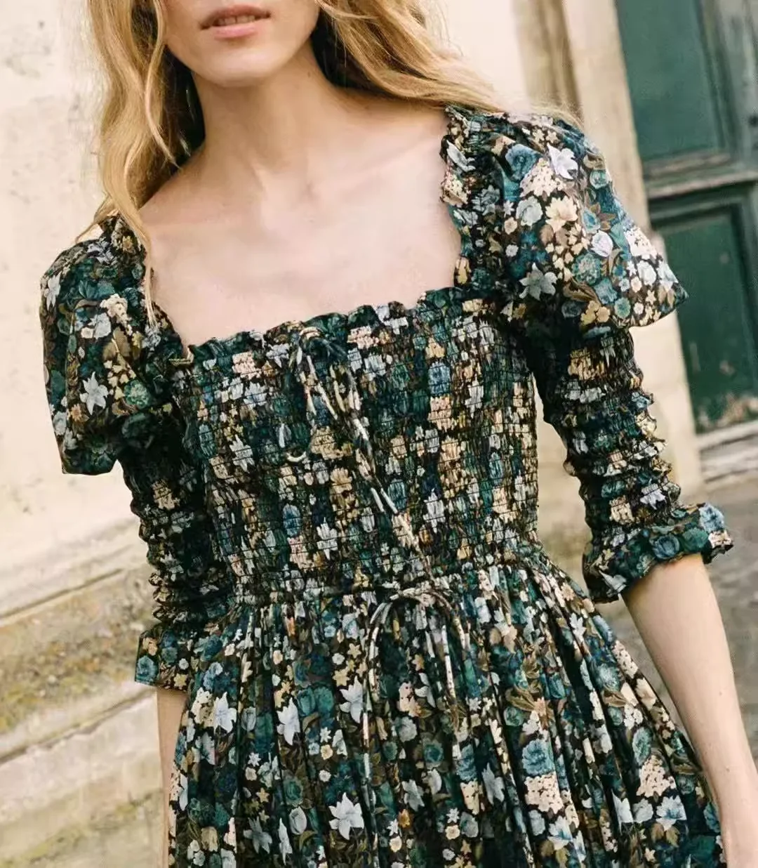 Vestido largo de primavera y verano para mujer, estampado Floral, cuello cuadrado, manga abombada, cintura elástica, bata femenina elegante